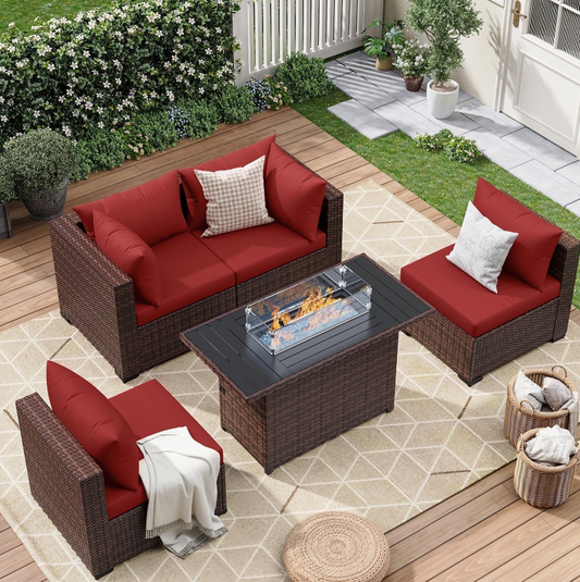 ELPOSUN 5 Pieces Patio Furniture Set All Weather Outdoor Sectional Sofa, Outdoor Modern Sectional Furniture Wicker Couch with Fire Pit Table, Thicken Red Cushions, Water Resistant
