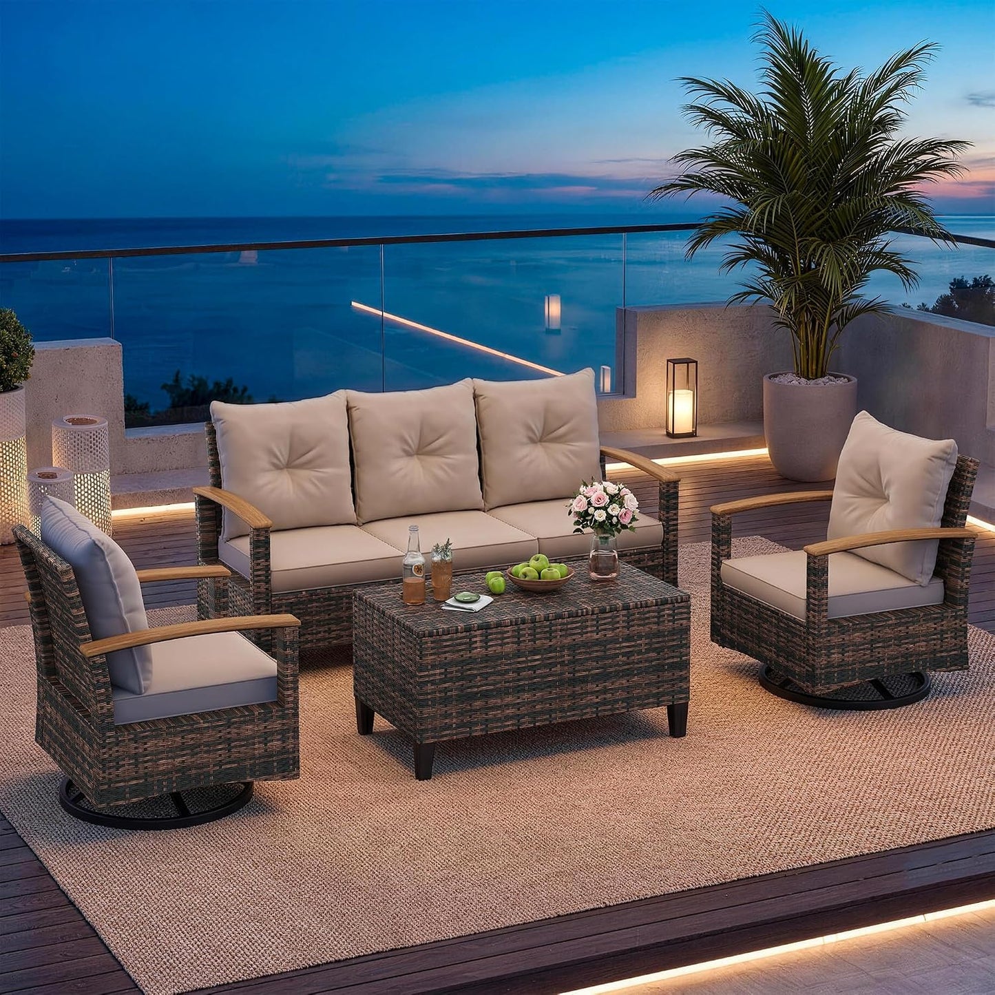 Amopatio Patio Furniture Set, 4 Pieces Outdoor Patio Conversation Sets with Swivel Chairs, Wicker Patio Furniture Set with Storage Table, Outdoor Couch Set for Balcony, Porch, Deck, Backyard, Beige