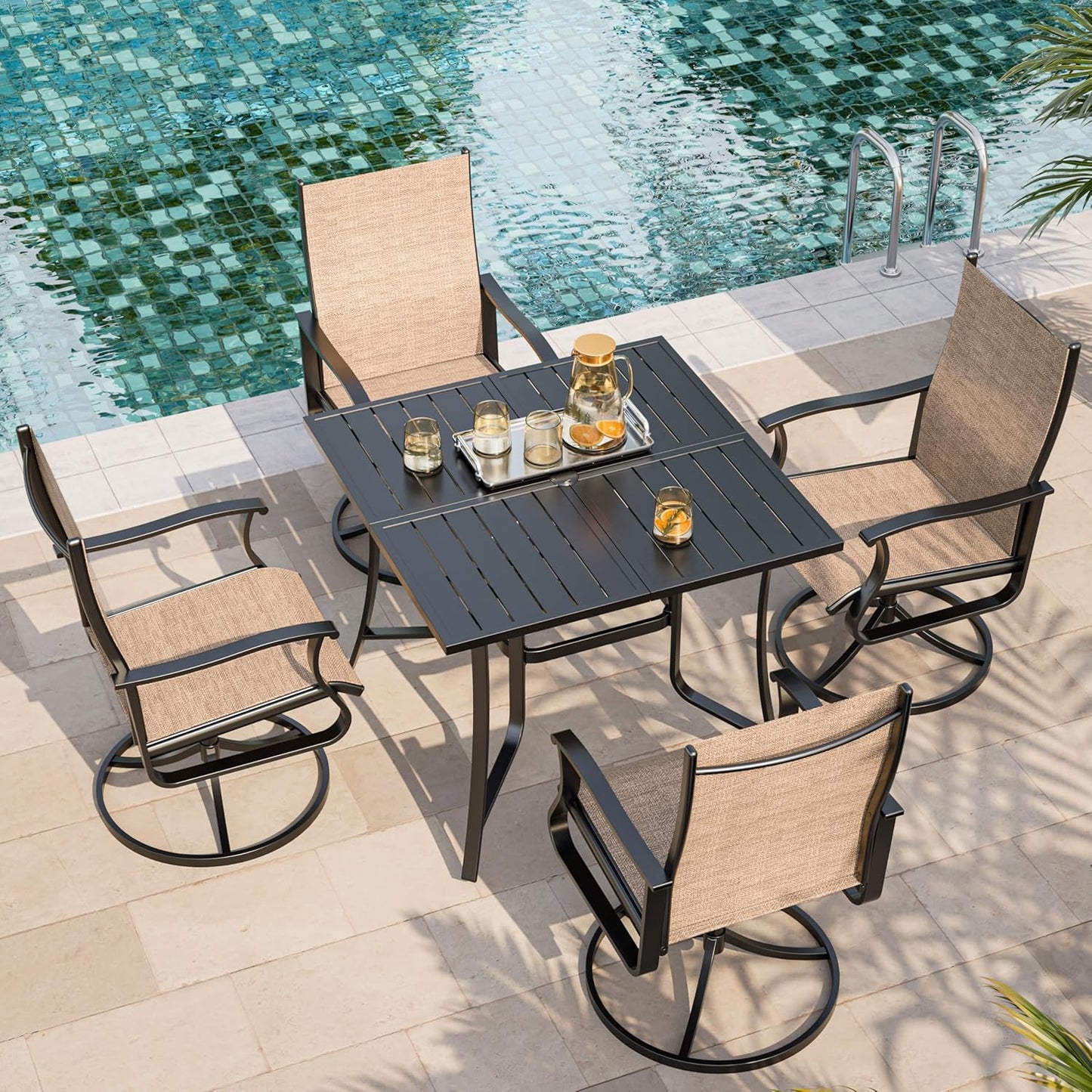 Amopatio 5 Pieces Patio Dining Set for 4, Outdoor Table and Chairs, 4 All Weather Swivel Patio Chairs, 36" Patio Spliced Square Table with Umbrella Hole, for Deck, Backyard, Poolside & Garden, Brown