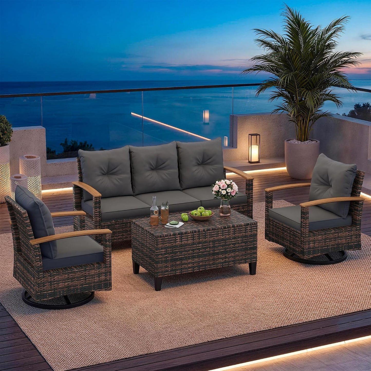 Amopatio Patio Furniture Set, 4 Pieces Outdoor Patio Conversation Sets with Swivel Chairs, Wicker Patio Furniture Set with Storage Table, Outdoor Couch Set for Balcony, Porch, Deck, Backyard, Gray