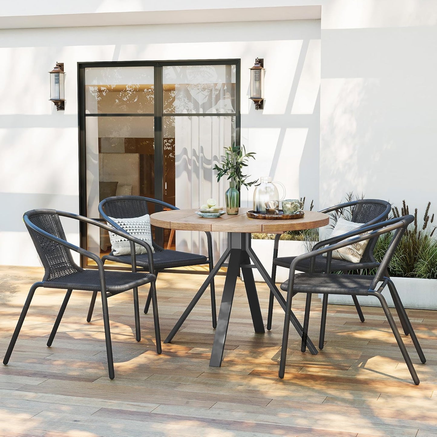 Amopatio Outdoor Dining Chairs Set of 6, Rattan Patio Chairs Wicker, Stackable Indoor-Outdoor Chairs, Bistro, Deck, Yard, Porch, Restaurant Stack Chairs-Black