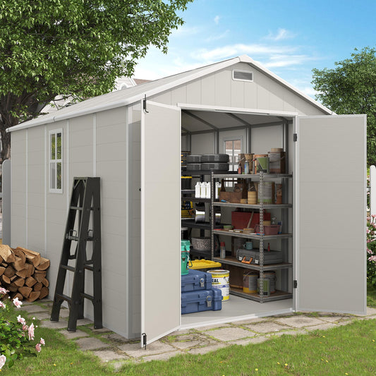 Amopatio 8x10 Storage Shed, Resin Outdoor Shed with Floor Included, Plastic Sheds Storage for Bike, Garden Tools, Sheds & Outdoor Storage with Lockable Door, Window & Vents, Sandstone