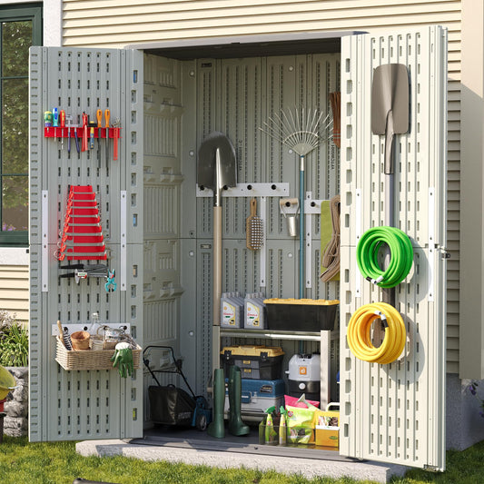 Amopatio 67 Cu Ft Premium Vertical Storage Shed, 4x6.5 FT Outdoor Resin Shed with Floor, Waterproof Weather Resistance Plastic Cabinet, Lockable Doors for Patio, Garden Tools, Lawn, Grey & White