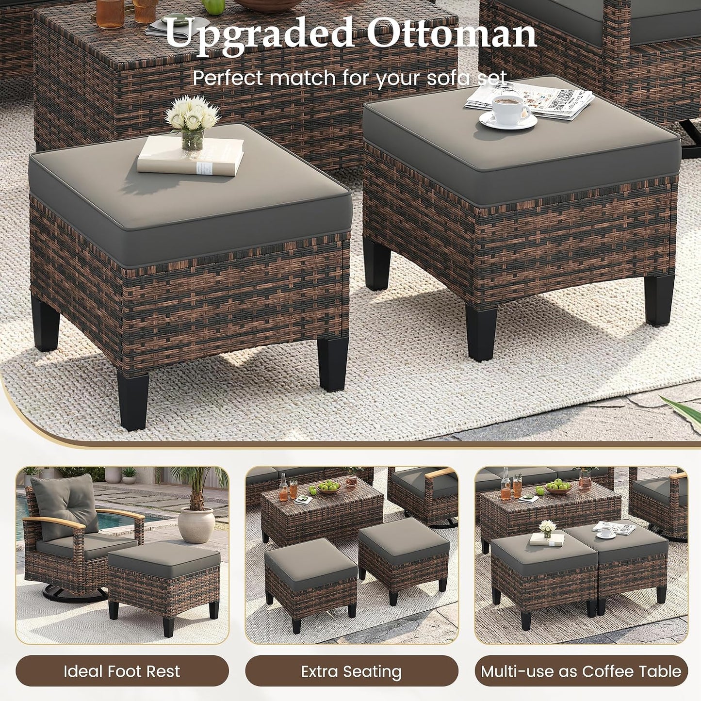 Amopatio Patio Furniture Set, 6-Piece Outdoor Patio Conversation Sets with Swivel Chairs, Wicker Patio Furniture Set with Storage Table & Ottoman, Outdoor Couch Set for Balcony, Porch, Deck, Gray