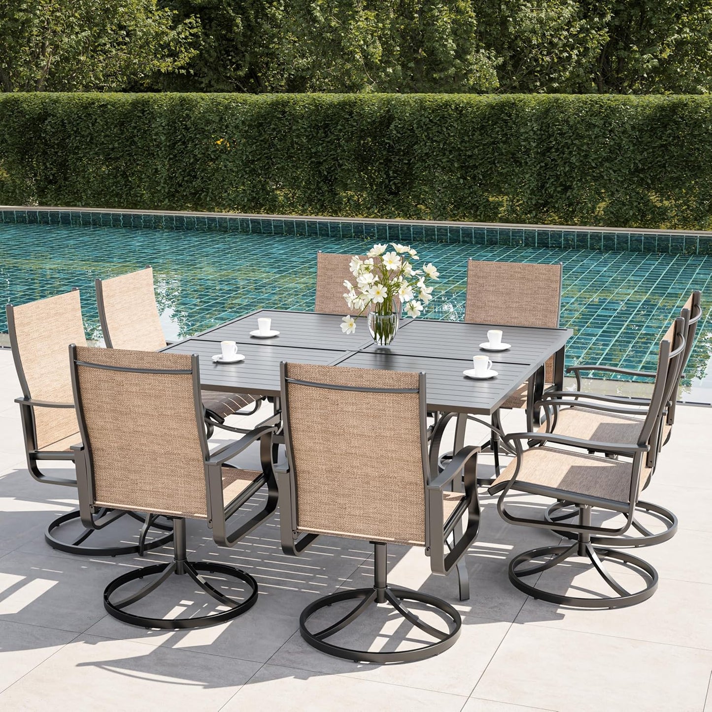 Amopatio 9 Pieces Patio Dining Set for 8, Outdoor Table and Chairs, 8 All Weather Swivel Patio Chairs, 60" Patio Spliced  Square Table with Umbrella Hole, for Deck, Backyard, Poolside & Garden, Brown