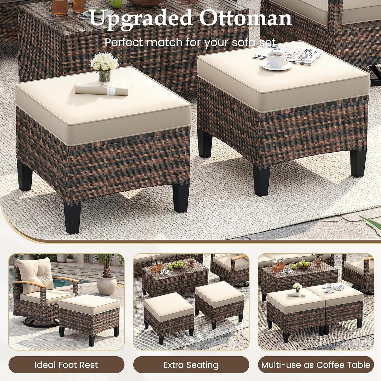 Amopatio Patio Furniture Set, 6-Piece Outdoor Patio Conversation Sets with Swivel Chairs, Wicker Patio Furniture Set with Storage Table & Ottoman, Outdoor Couch Set for Balcony, Porch, Deck, Beige