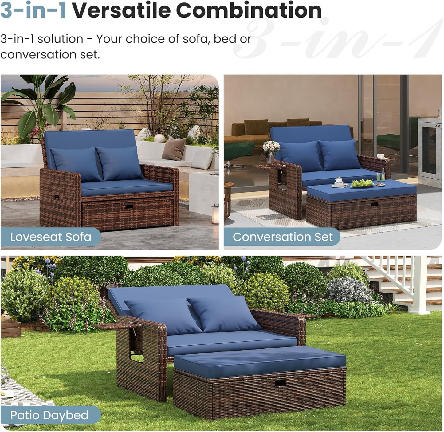 Amopatio Wicker Outdoor Daybed, Outdoor Loveseat with Storage Ottoman