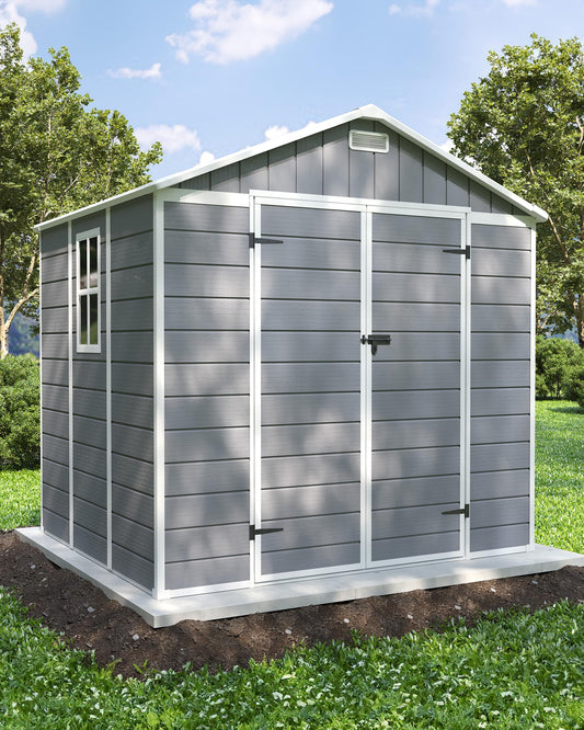 Amopatio Storage Shed 6x8, Resin Outdoor Shed with Floor Included, Plastic Sheds Outdoor Storage for Bike, Garden Tools, Sheds & Outdoor Storage with Lockable Door, Window & Vents, Grey & White