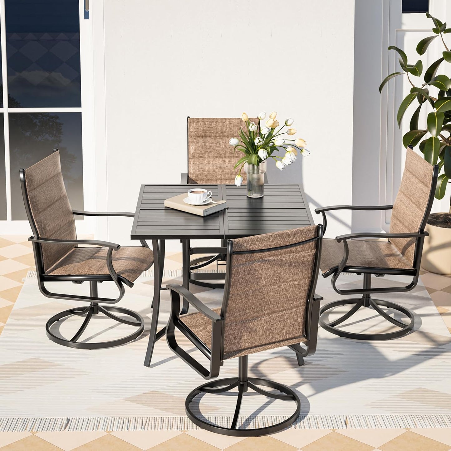 Amopatio 5 Pieces Patio Dining Set for 4, Outdoor Table and Chairs, 4 All Weather Padded Swivel Patio Chairs, 36" Patio Spliced Square Table with Umbrella Hole, for Backyard, Poolside & Garden, Brown
