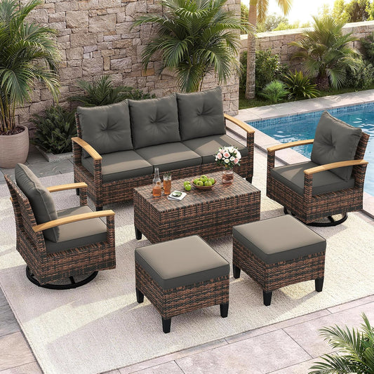 Amopatio Patio Furniture Set, 6-Piece Outdoor Patio Conversation Sets with Swivel Chairs, Wicker Patio Furniture Set with Storage Table & Ottoman, Outdoor Couch Set for Balcony, Porch, Deck, Gray