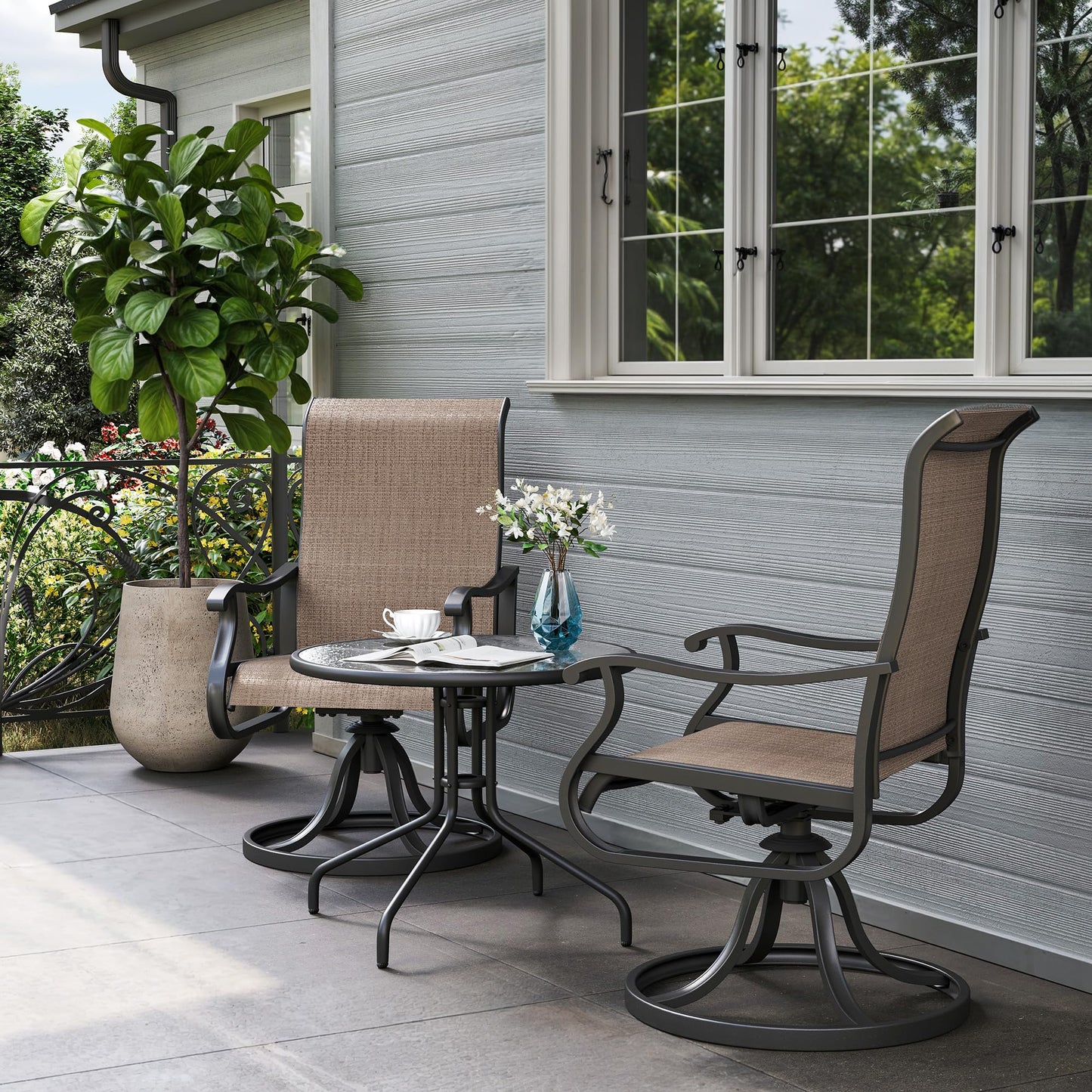 Amopatio Patio Swivel Chairs Set of 2, Outdoor Swivel Rocker Dining Chairs with All Weather Textilene High Back & Metal Frame, for Backyard Deck Lawn Garden, Brown