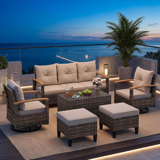 Amopatio Patio Furniture Set, 6-Piece Outdoor Patio Conversation Sets with Swivel Chairs, Wicker Patio Furniture Set with Storage Table & Ottoman, Outdoor Couch Set for Balcony, Porch, Deck, Beige