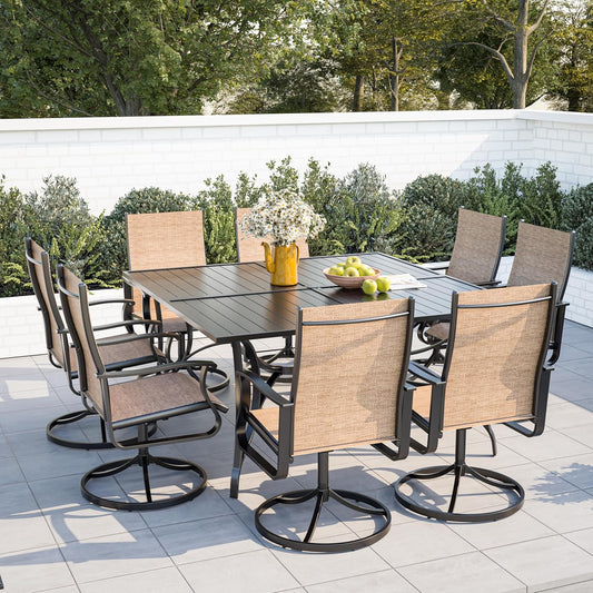 Amopatio 9 Pieces Patio Dining Set for 8, Outdoor Table and Chairs, 8 All Weather Swivel Patio Chairs, 60" Patio Spliced  Square Table with Umbrella Hole, for Deck, Backyard, Poolside & Garden, Brown