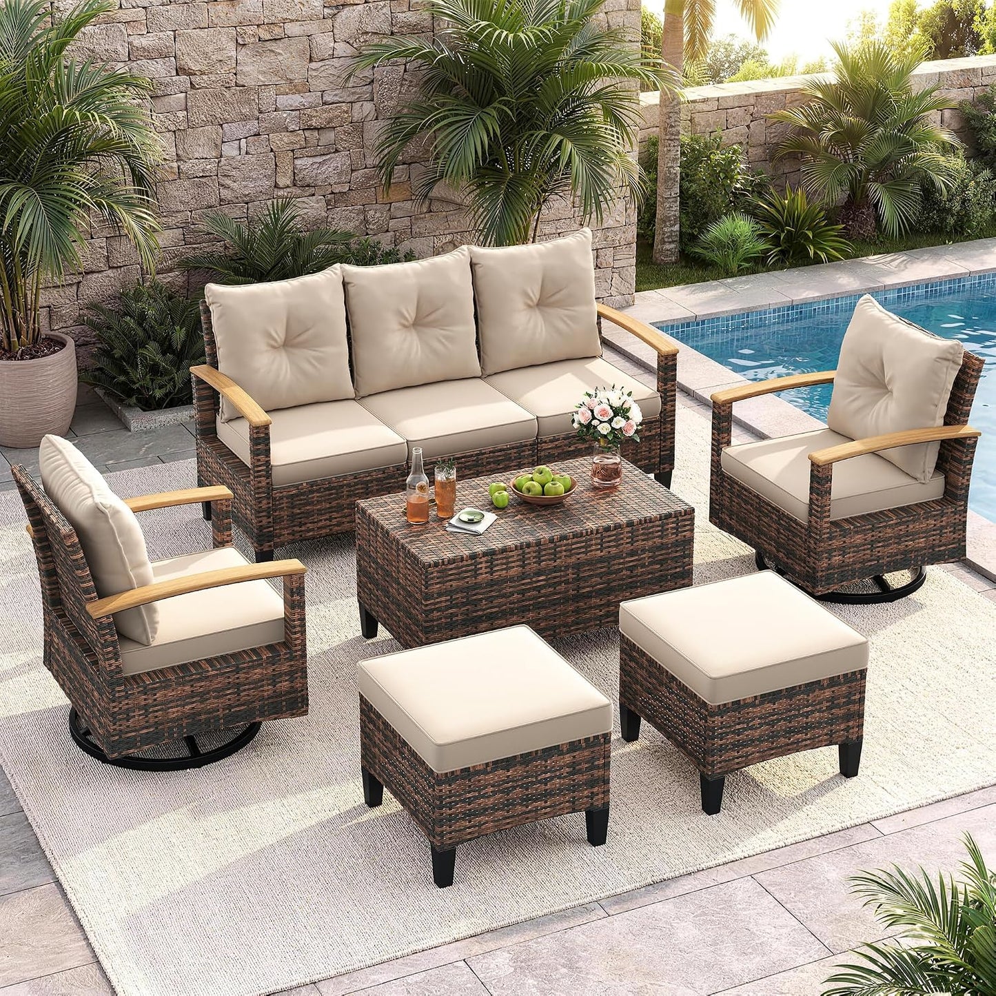 Amopatio Patio Furniture Set, 6-Piece Outdoor Patio Conversation Sets with Swivel Chairs, Wicker Patio Furniture Set with Storage Table & Ottoman, Outdoor Couch Set for Balcony, Porch, Deck, Beige