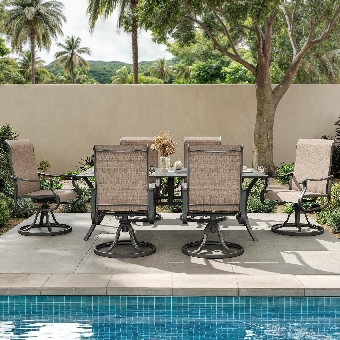 Amopatio Patio Swivel Chairs Set of 6, Outdoor Swivel Rocker Dining Chairs with All Weather Textilene High Back & Metal Frame, for Backyard Deck Lawn (Brown)