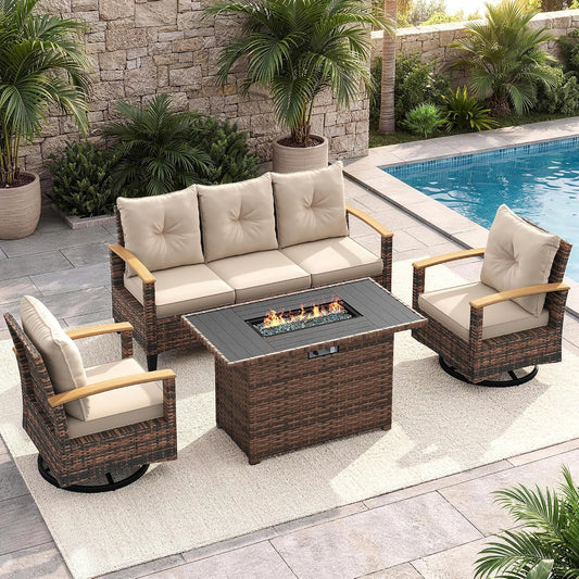 Amopatio Patio Furniture Set, 4 Pieces Outdoor Patio Conversation Sets with Swivel Chairs, Wicker Patio Furniture Set with Firepit Table, Outdoor Couch Set for Balcony, Porch, Deck, Backyard, Beige