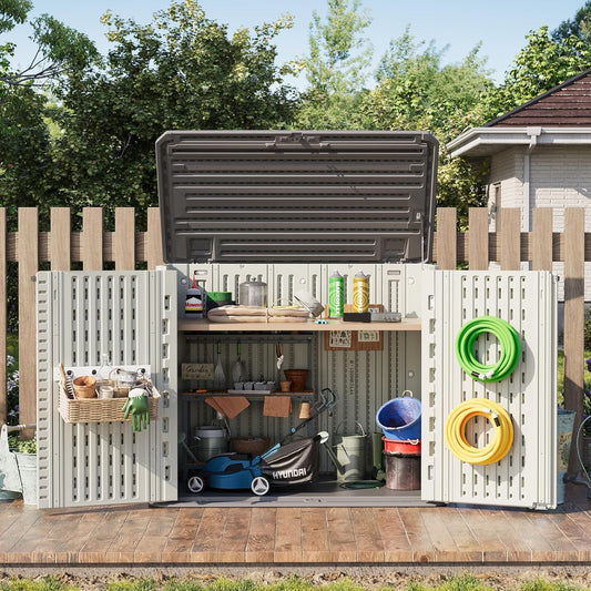 Amopatio 37 Cu Ft Premium Vertical Storage Shed, Outdoor Resin Shed with Floor, Waterproof Weather Resistance Plastic Cabinet, Lockable Doors for Patio, Garden Tools, Lawn, Grey & White