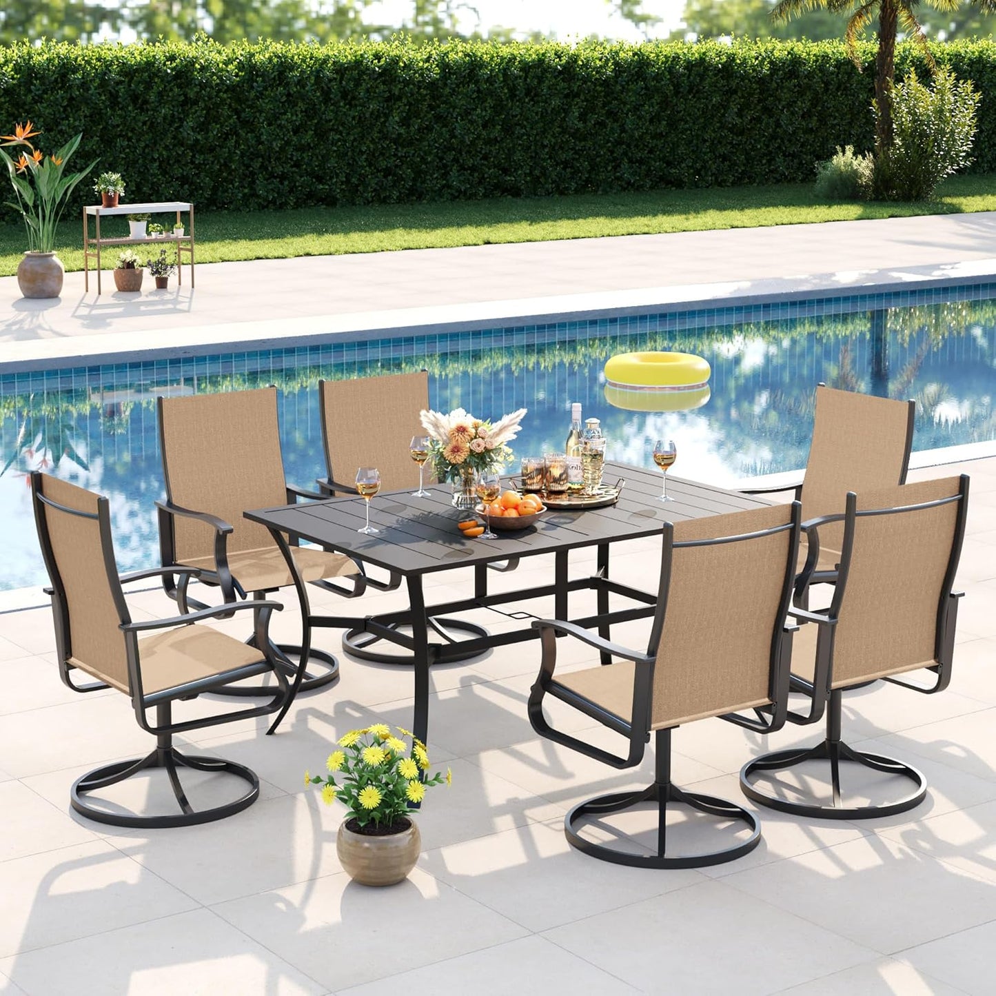 Amopatio 7 Pieces Patio Dining Set for 6, Outdoor Table and Chairs, 6 All Weather Swivel Patio Chairs, 59" Patio Spliced Rectangular Table with Umbrella Hole, for, Backyard, Poolside & Garden, Brown