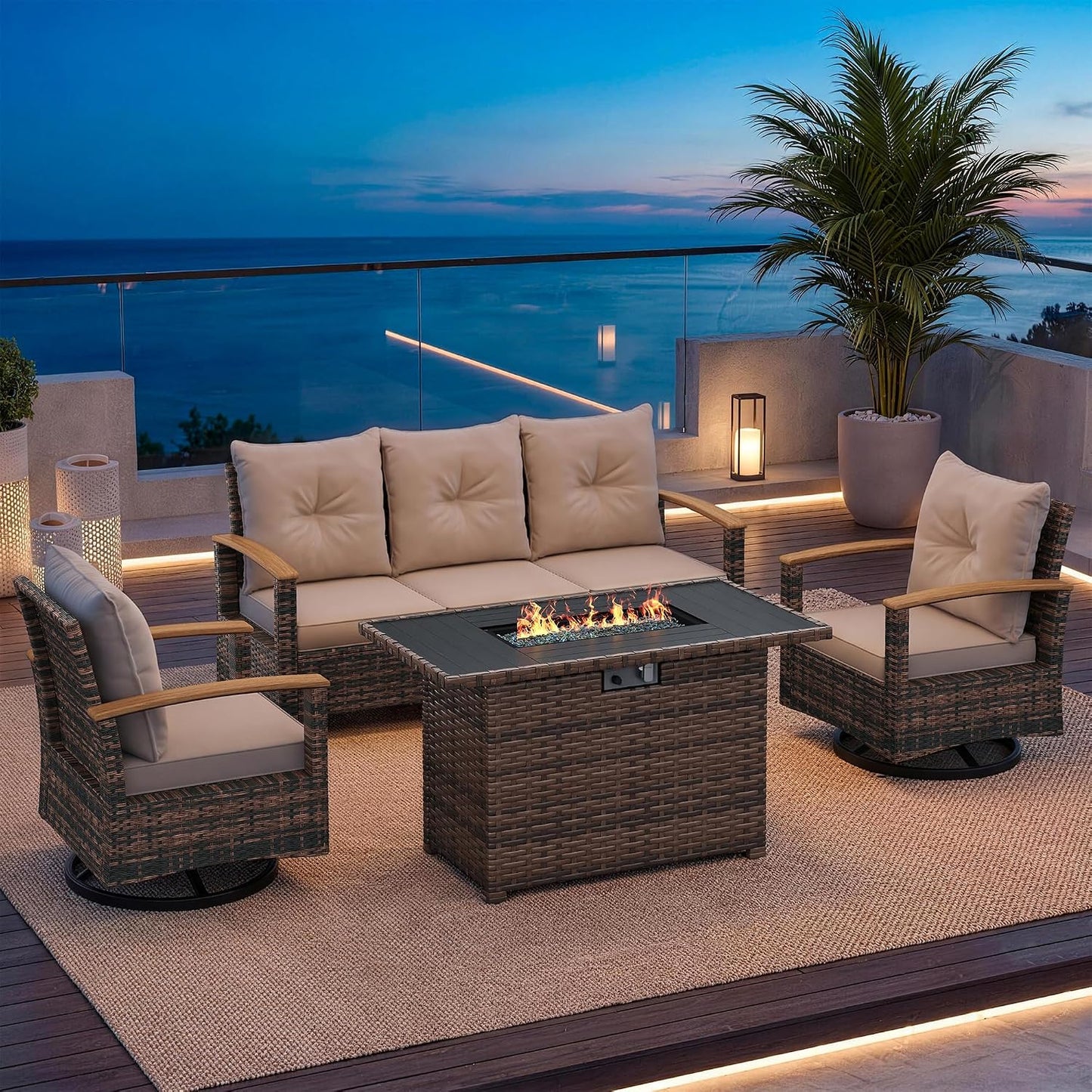 Amopatio Patio Furniture Set, 4 Pieces Outdoor Patio Conversation Sets with Swivel Chairs, Wicker Patio Furniture Set with Firepit Table, Outdoor Couch Set for Balcony, Porch, Deck, Backyard, Beige