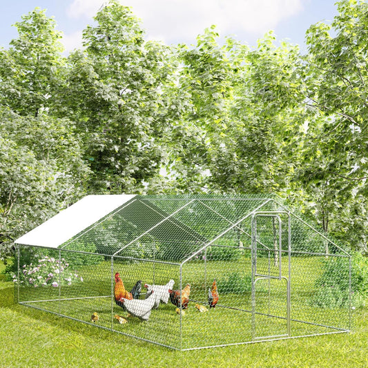 Amopatio Large Metal Chicken Coop Heavy Duty Walk-in Chicken Run Poultry Cage with Wire Mesh & Weatherproof PE Cover, Chicken Pen for 20-30 Chickens, Duck Rabbit House Outdoor (18x10x6.5 FT)