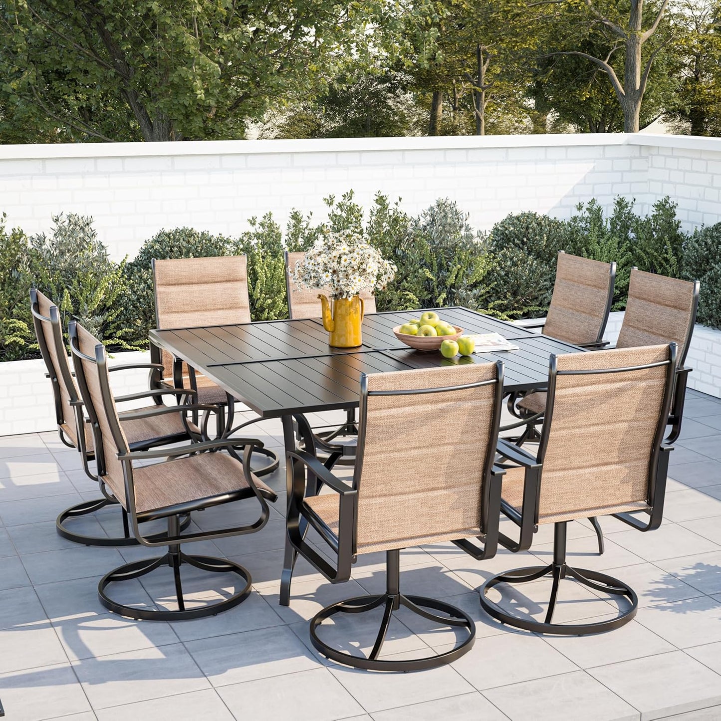 Amopatio 9 Pieces Patio Dining Set for 8, Outdoor Table and Chairs, 8 All Weather Padded Swivel Patio Chairs, 60" Patio Spliced  Square Table with Umbrella Hole, for Deck, Backyard &Poolside, Brown