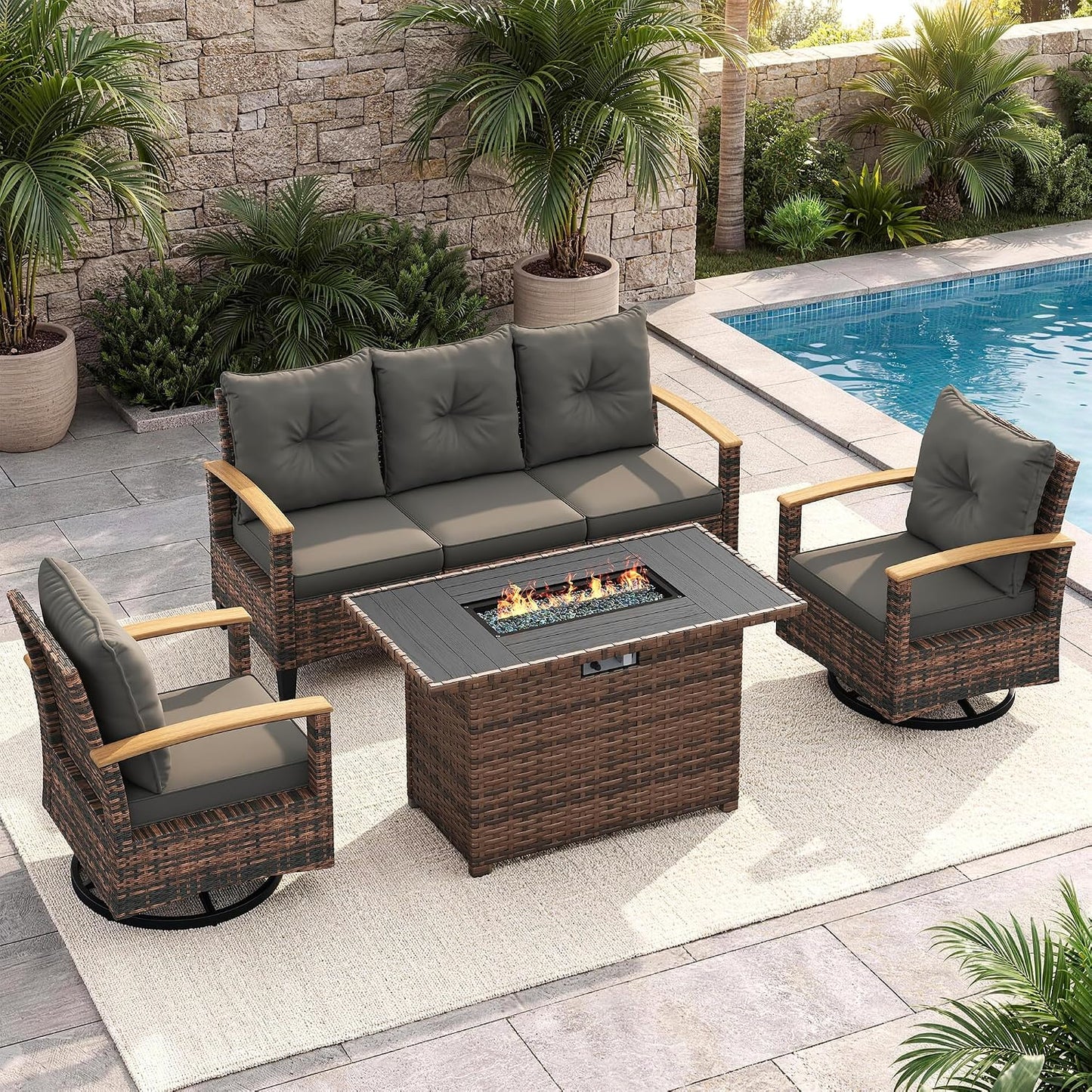 Amopatio Patio Furniture Set, 4 Pieces Outdoor Patio Conversation Sets with Swivel Chairs, Wicker Patio Furniture Set with Firepit Table, Outdoor Couch Set for Balcony, Porch, Deck, Backyard, Gray