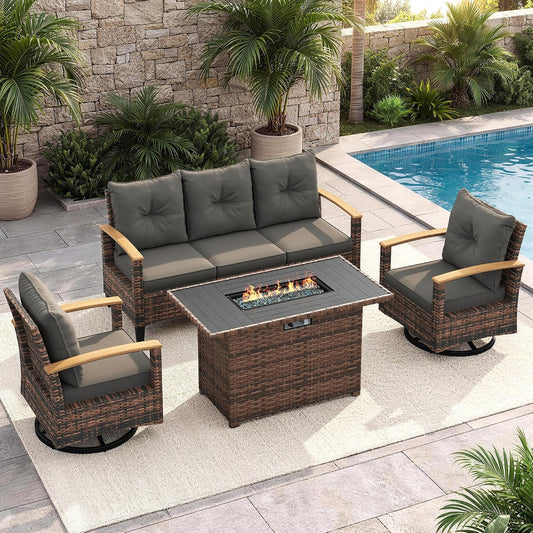 Amopatio Patio Furniture Set, 4 Pieces Outdoor Patio Conversation Sets with Swivel Chairs, Wicker Patio Furniture Set with Firepit Table, Outdoor Couch Set for Balcony, Porch, Deck, Backyard, Gray