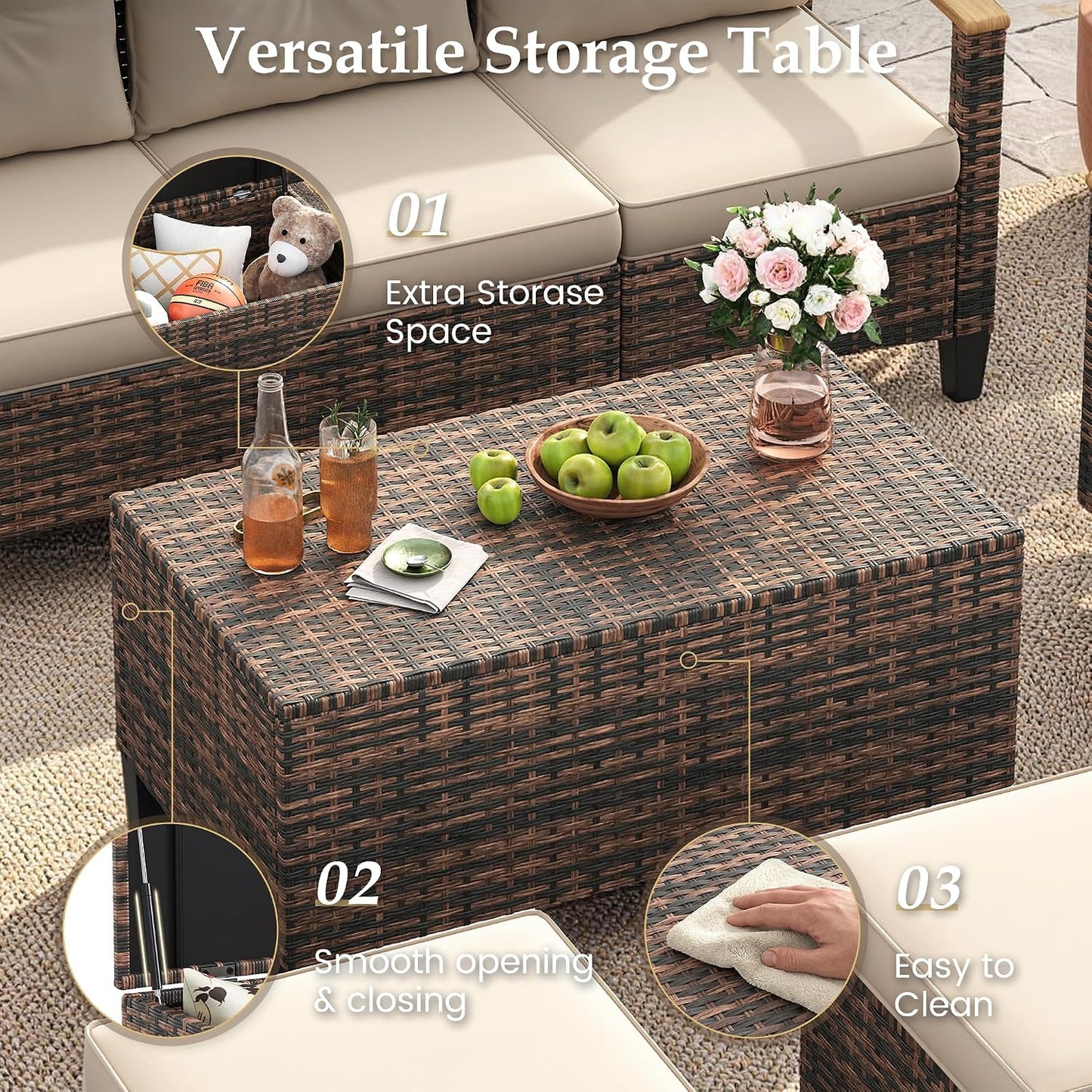 Amopatio Patio Furniture Set, 6-Piece Outdoor Patio Conversation Sets with Swivel Chairs, Wicker Patio Furniture Set with Storage Table & Ottoman, Outdoor Couch Set for Balcony, Porch, Deck, Beige