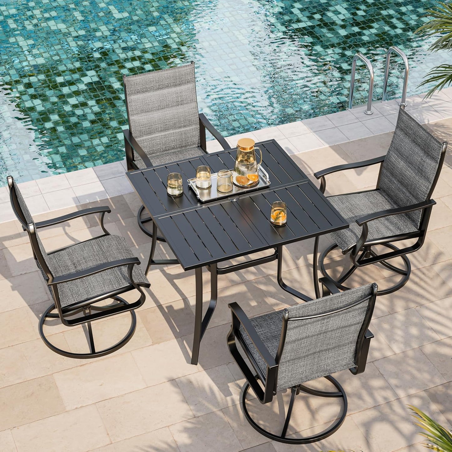 Amopatio 5 Pieces Patio Dining Set for 4, Outdoor Table and Chairs, 4 All Weather Padded Swivel Patio Chairs, 36" Patio Spliced Square Table with Umbrella Hole, for Backyard & Poolside, Dark Gray