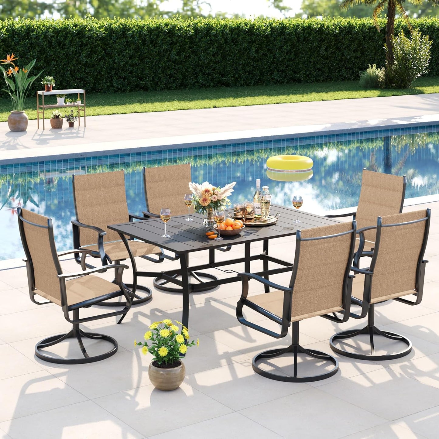 Amopatio 7 Pieces Patio Dining Set for 6, Outdoor Table and Chairs, 6 All Weather Padded Swivel Patio Chairs, 59" Patio Spliced Rectangular Table with Umbrella Hole, for Backyard & Poolside, Brown