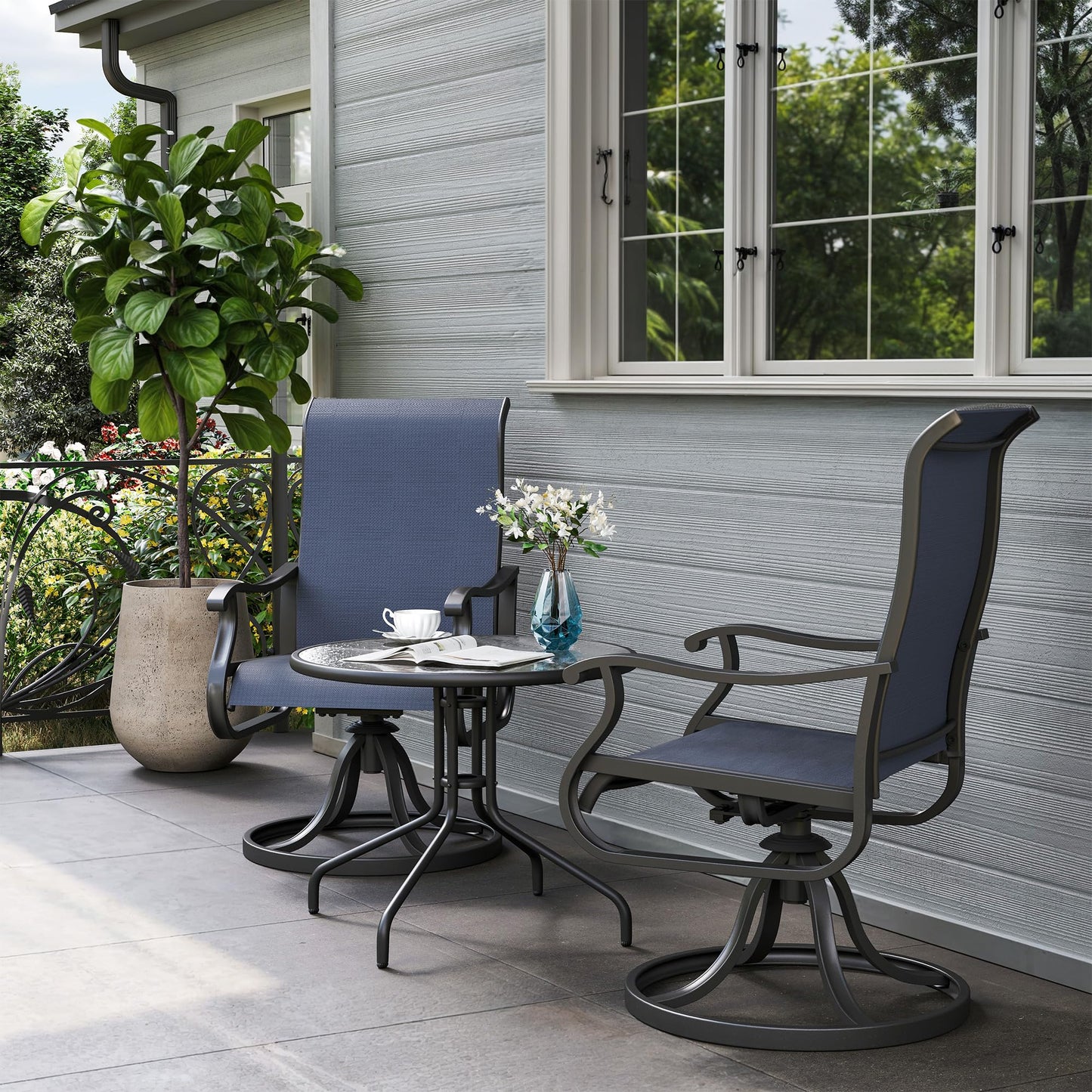 Amopatio Patio Swivel Chairs Set of 2, Outdoor Swivel Rocker Dining Chairs with All Weather Textilene High Back & Metal Frame, for Backyard Deck Lawn Garden, Navy