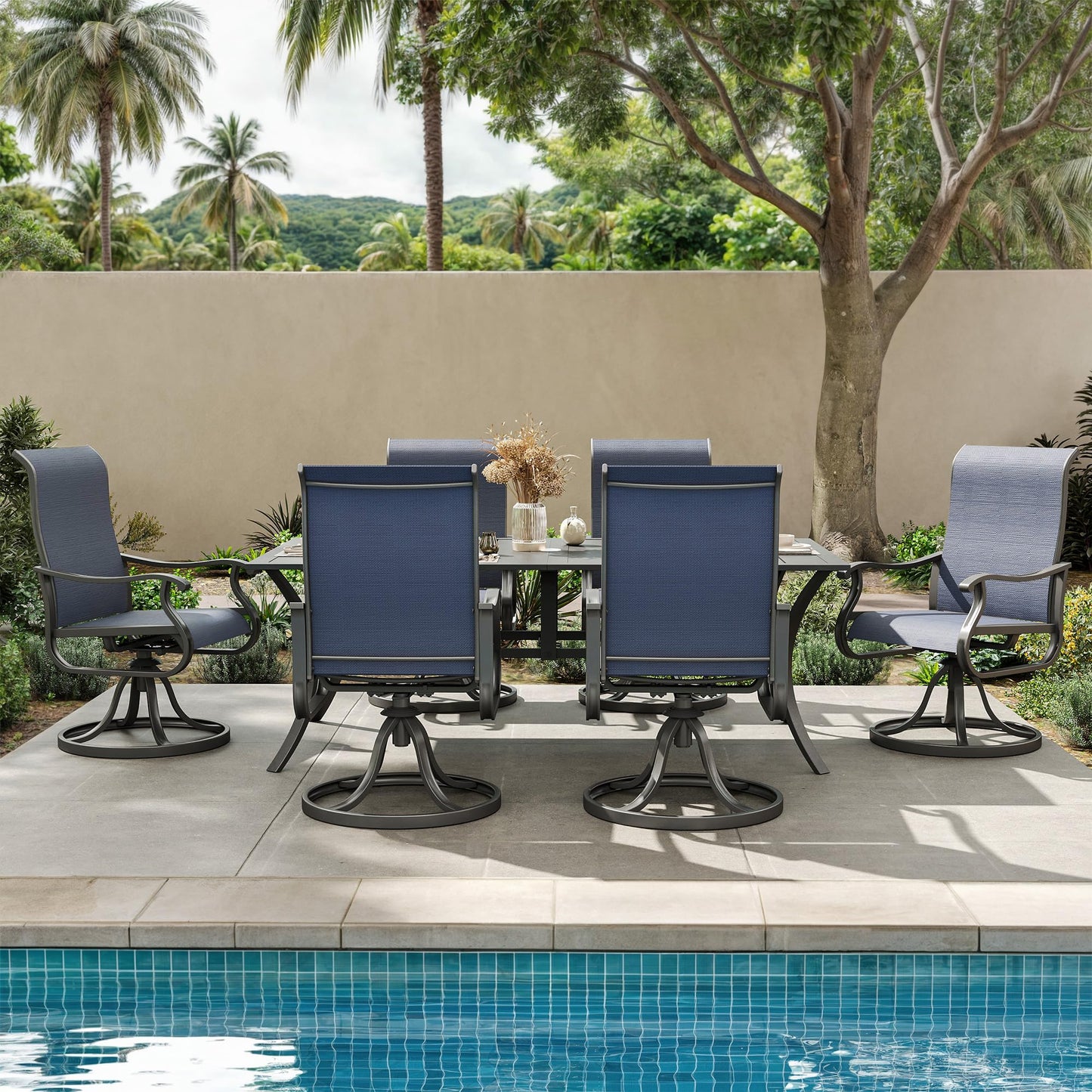 Amopatio Patio Swivel Chairs Set of 6, Outdoor Swivel Rocker Dining Chairs with All Weather Textilene High Back & Metal Frame, for Backyard Deck Lawn Garden, Navy Blue