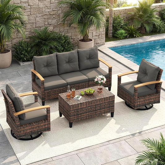 Amopatio Patio Furniture Set, 4 Pieces Outdoor Patio Conversation Sets with Swivel Chairs, Wicker Patio Furniture Set with Storage Table, Outdoor Couch Set for Balcony, Porch, Deck, Backyard, Gray