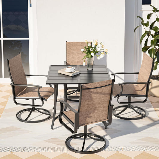 Amopatio 5 Pieces Patio Dining Set for 4, Outdoor Table and Chairs, 4 All Weather Swivel Patio Chairs, 36" Patio Spliced Square Table with Umbrella Hole, for Deck, Backyard, Poolside & Garden, Brown