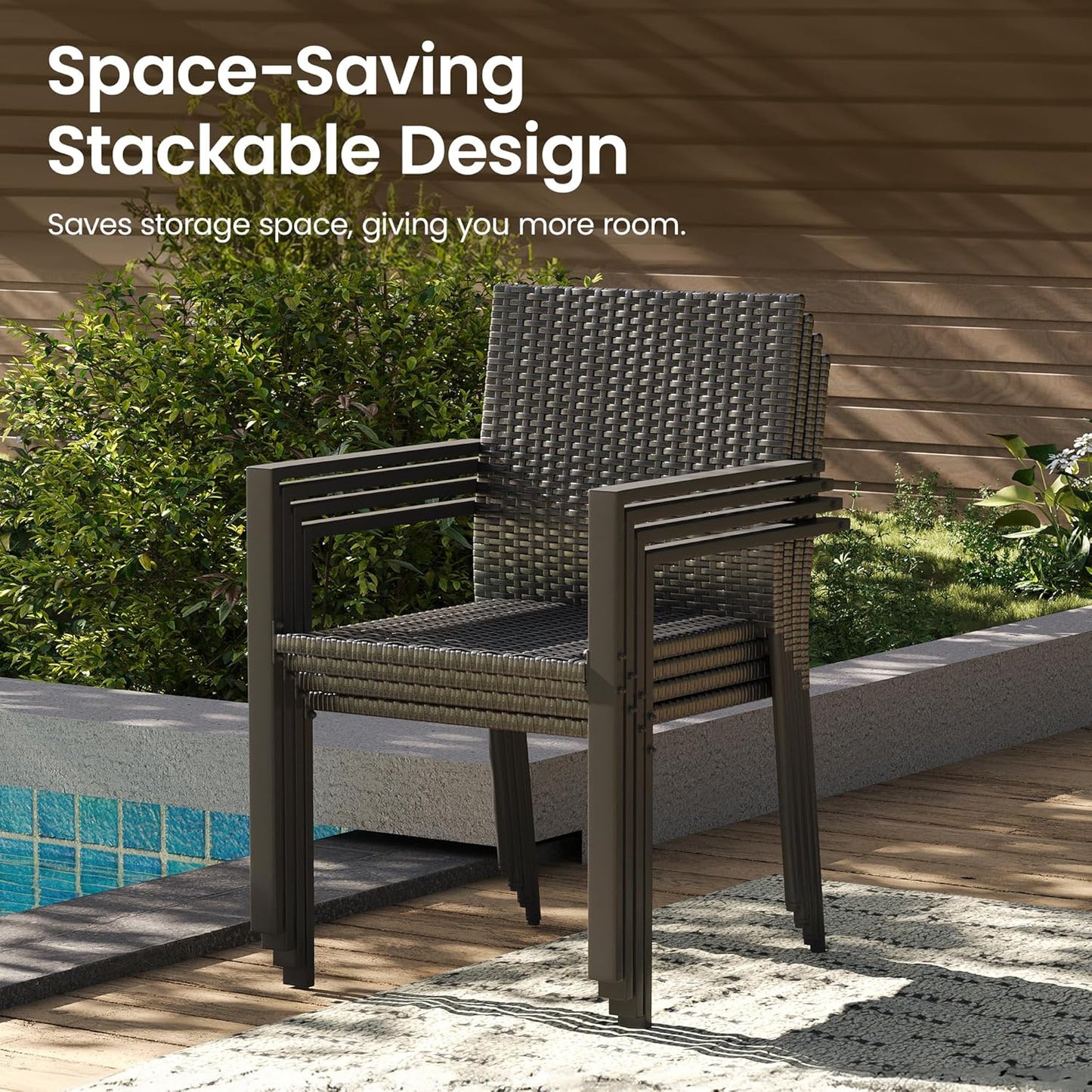 Amopatio Stackable Wicker Chairs, Patio Dining Chairs Set of 2, All-Weather Breathable Outdoor Dining Chair, Steel Frame, Armchair w/Armrests, for Garden, Porch, Deck, Poolside, Fire Pit, Black