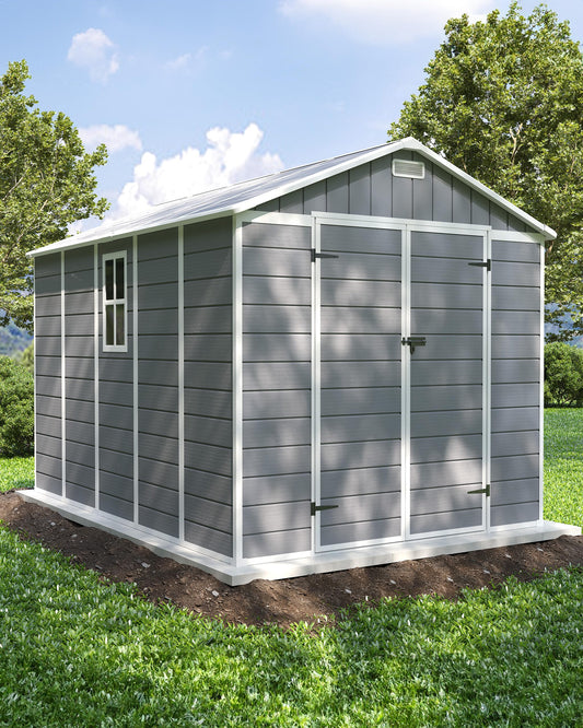 Amopatio 8x10 FT Outdoor Resin Shed,Storage Shed with Floor Included, Plastic Sheds Outdoor Storage for Bike, Garden Tools, Sheds & Outdoor Storage with Lockable Door, Window & Vents, Grey & White