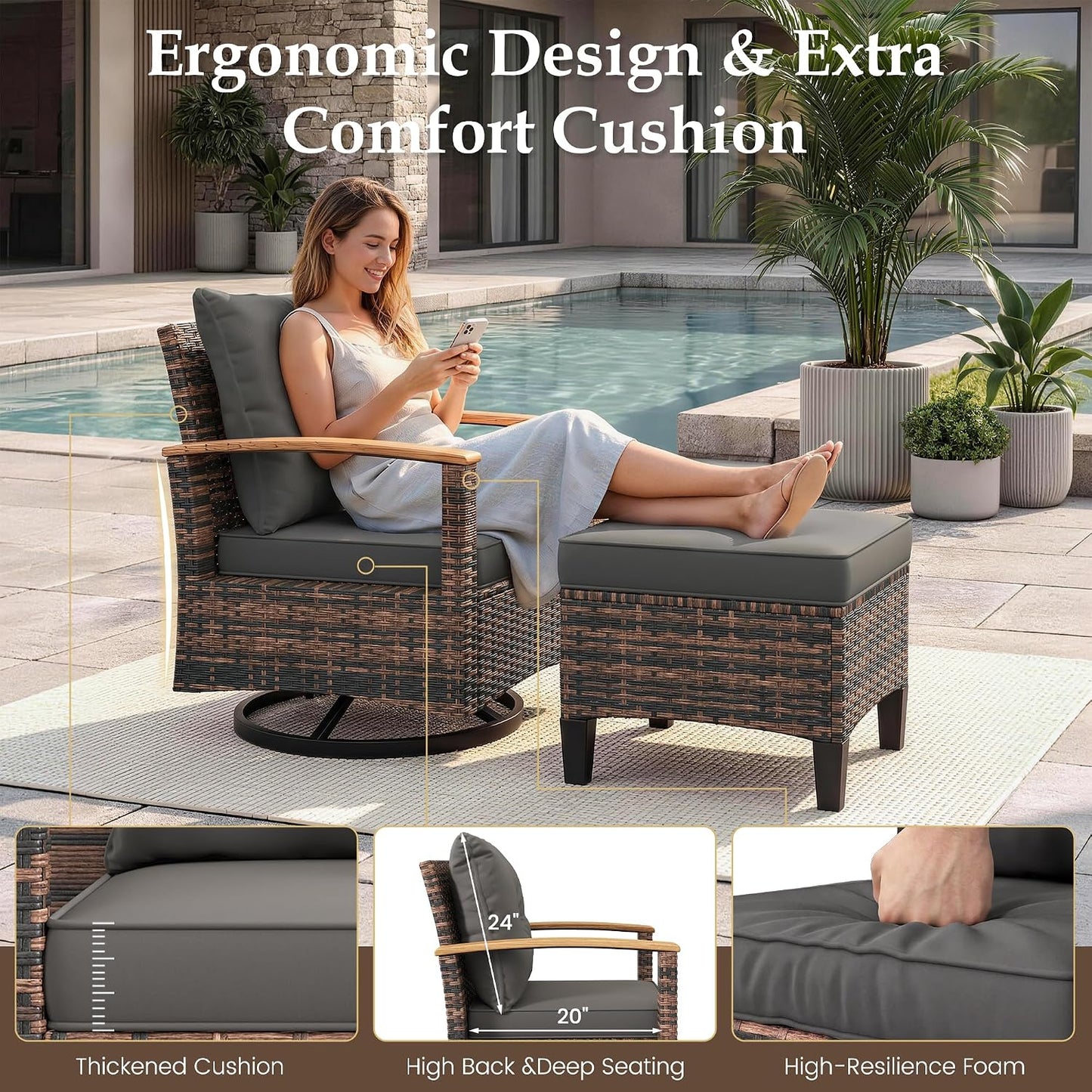 Amopatio Patio Furniture Set, 4 Pieces Outdoor Patio Conversation Sets with Swivel Chairs, Wicker Patio Furniture Set with Firepit Table, Outdoor Couch Set for Balcony, Porch, Deck, Backyard, Gray