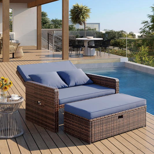 Amopatio Wicker Outdoor Daybed, Outdoor Loveseat with Storage Ottoman