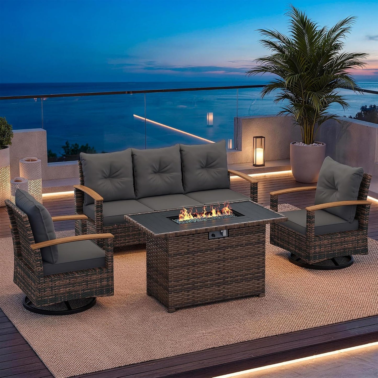 Amopatio Patio Furniture Set, 4 Pieces Outdoor Patio Conversation Sets with Swivel Chairs, Wicker Patio Furniture Set with Firepit Table, Outdoor Couch Set for Balcony, Porch, Deck, Backyard, Gray