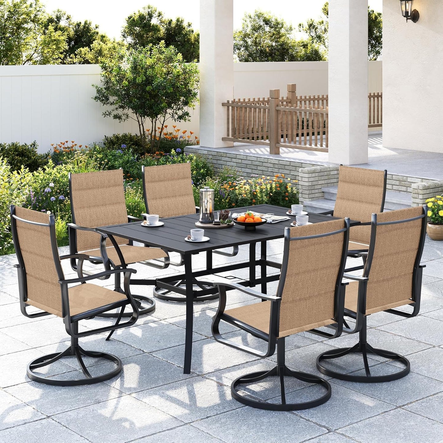 Amopatio 7 Pieces Patio Dining Set for 6, Outdoor Table and Chairs, 6 All Weather Padded Swivel Patio Chairs, 59" Patio Spliced Rectangular Table with Umbrella Hole, for Backyard & Poolside, Brown