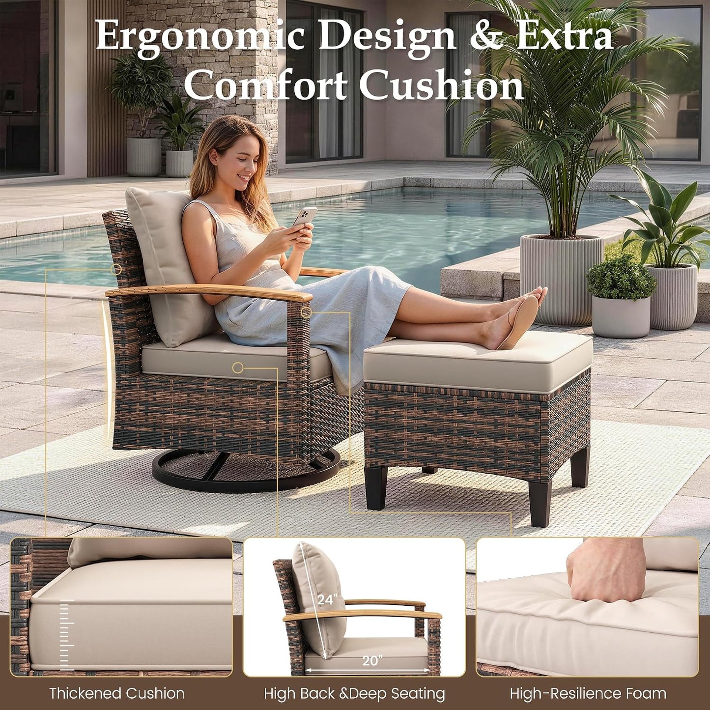 Amopatio Patio Furniture Set, 4 Pieces Outdoor Patio Conversation Sets with Swivel Chairs, Wicker Patio Furniture Set with Firepit Table, Outdoor Couch Set for Balcony, Porch, Deck, Backyard, Beige