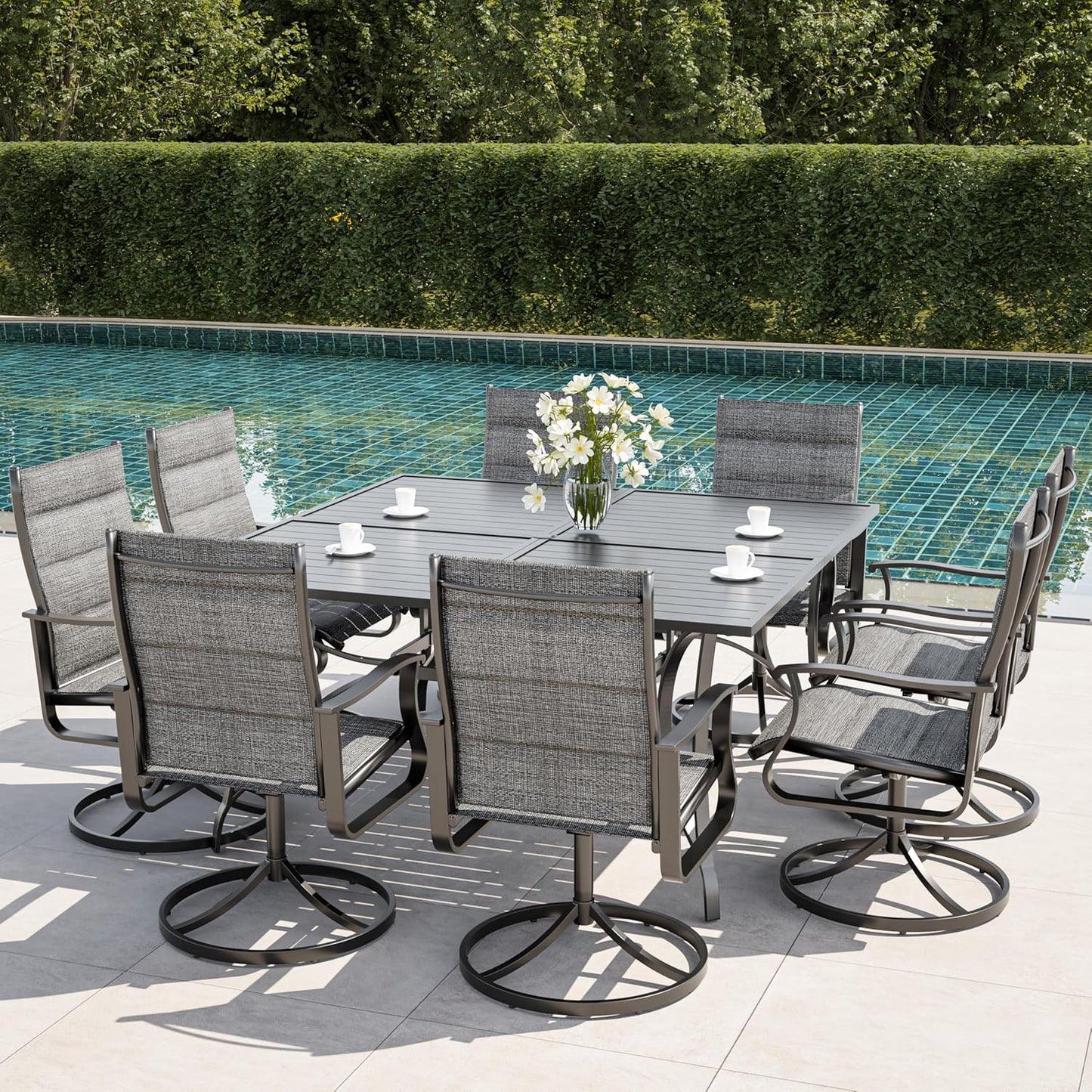 Amopatio 9 Pieces Patio Dining Set for 8, Outdoor Table and Chairs, 8 All Weather Padded Swivel Patio Chairs, 60" Patio Spliced  Square Table with Umbrella Hole, for Backyard & Poolside, Dark Gray