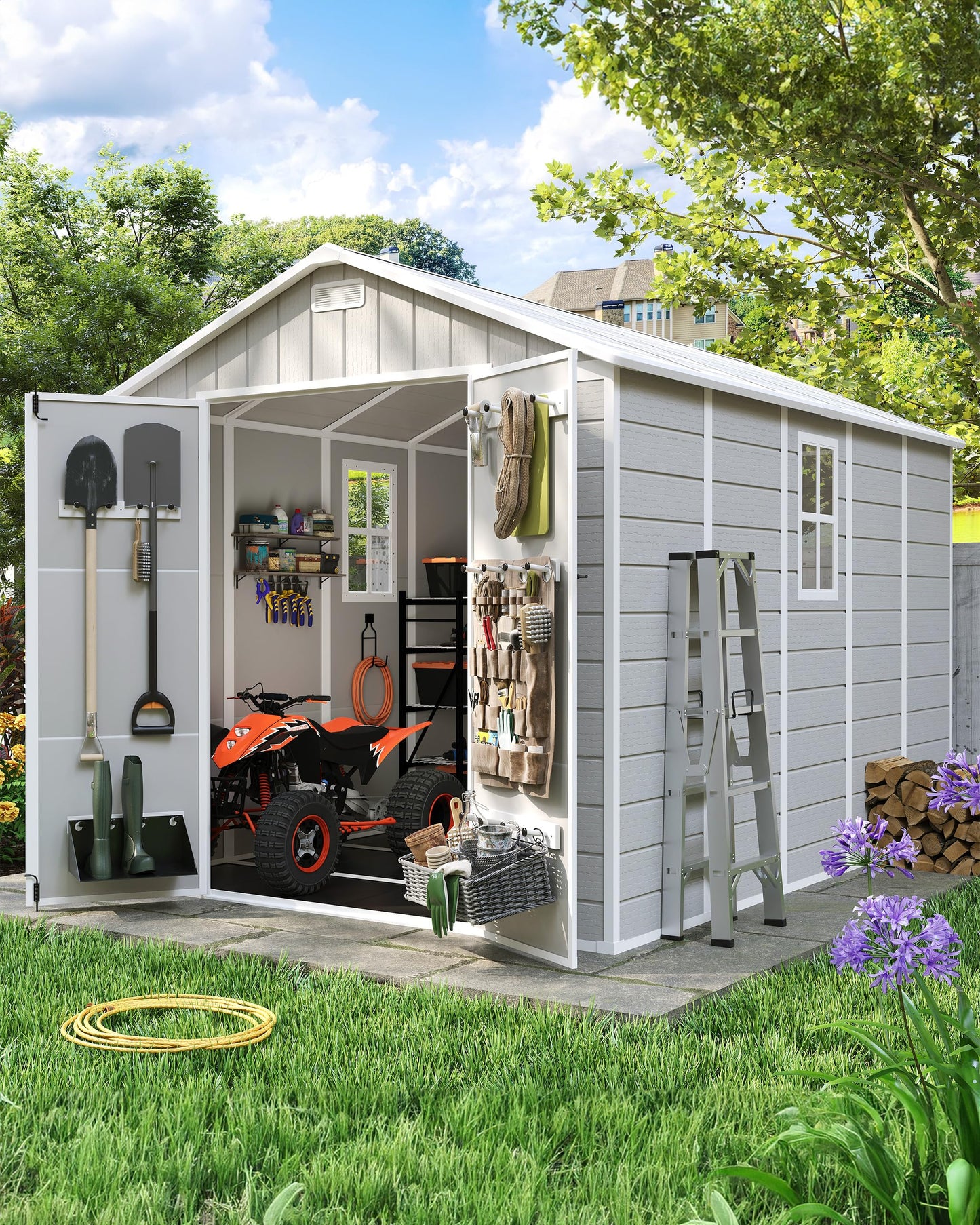 Amopatio 8x10 Storage Shed, Resin Outdoor Shed with Floor Included, Plastic Sheds Storage for Bike, Garden Tools, Sheds & Outdoor Storage with Lockable Door, Window & Vents, Sandstone