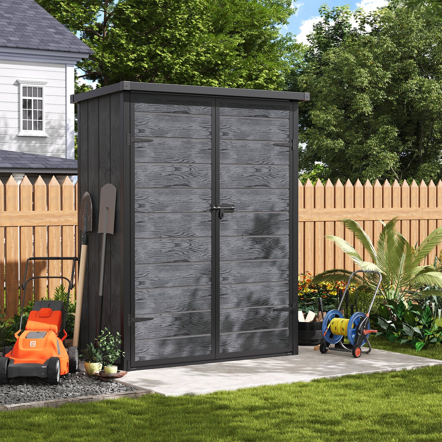 Amopatio 47 Cu Ft Vertical Storage Shed, Outdoor Resin Shed with Floor, Waterproof Weather Resistance Plastic Cabinet, Lockable Doors for Patio, Garden Tools, Lawn, Dark Grey
