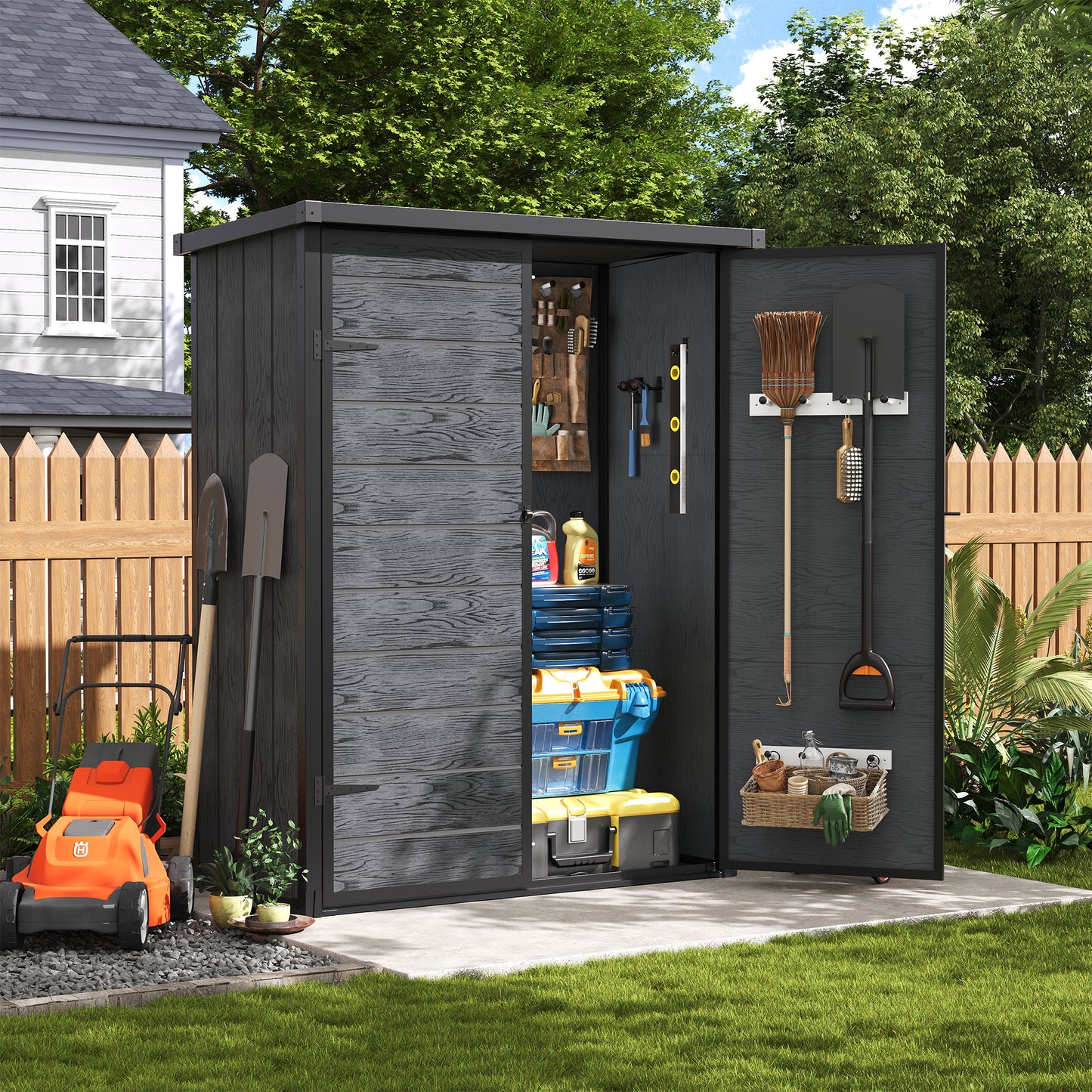 Amopatio 47 Cu Ft Vertical Storage Shed, Outdoor Resin Shed with Floor, Waterproof Weather Resistance Plastic Cabinet with Shelves, Lockable Doors for Patio, Garden Tools, Lawn, Grey & White