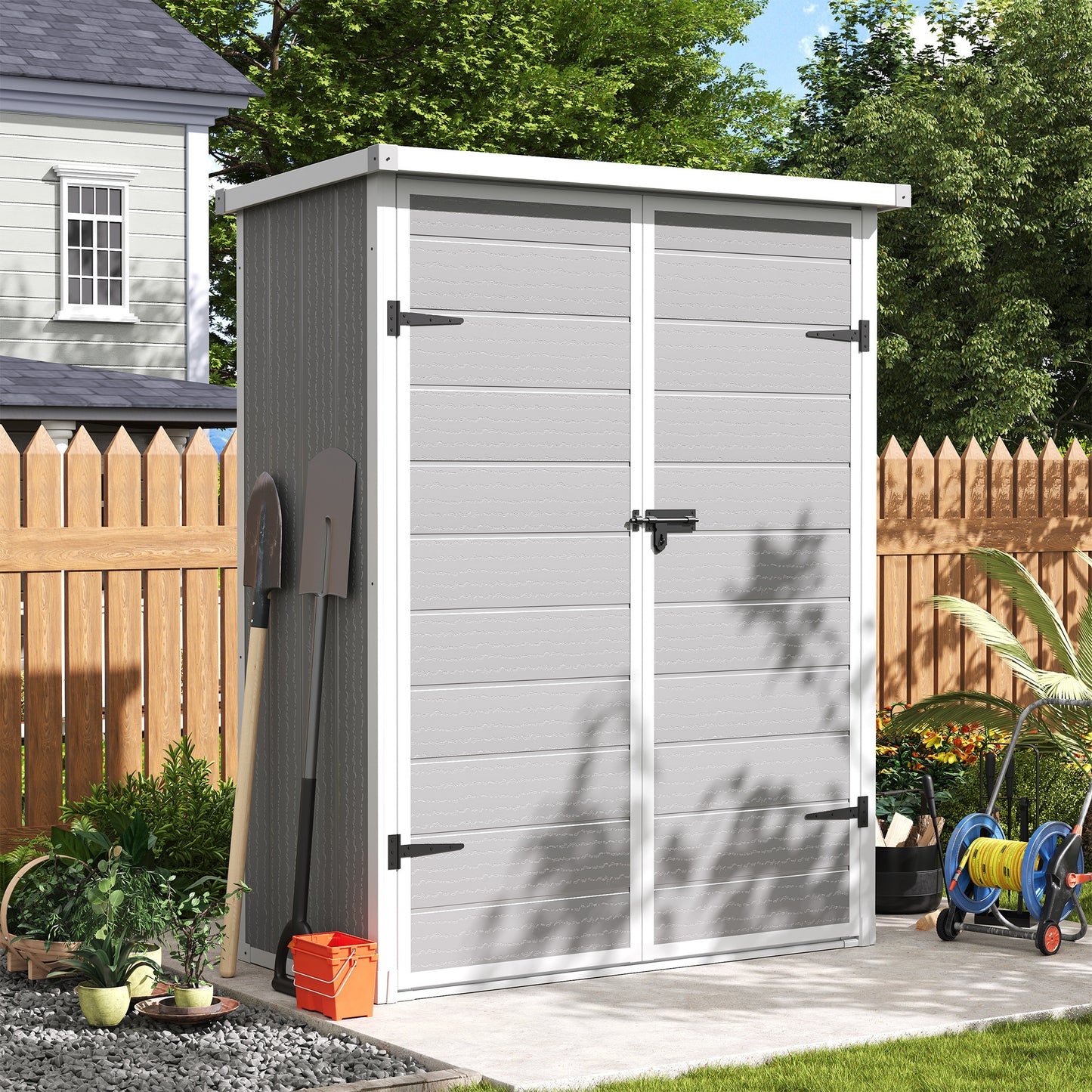 Amopatio 47 Cu Ft Vertical Storage Shed, Outdoor Resin Shed with Floor, Waterproof Weather Resistance Plastic Cabinet, Lockable Doors for Patio, Garden Tools, Lawn, Grey & White