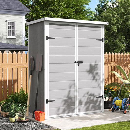 Amopatio 47 Cu Ft Vertical Storage Shed, Outdoor Resin Shed with Floor, Waterproof Weather Resistance Plastic Cabinet, Lockable Doors for Patio, Garden Tools, Lawn, Grey & White