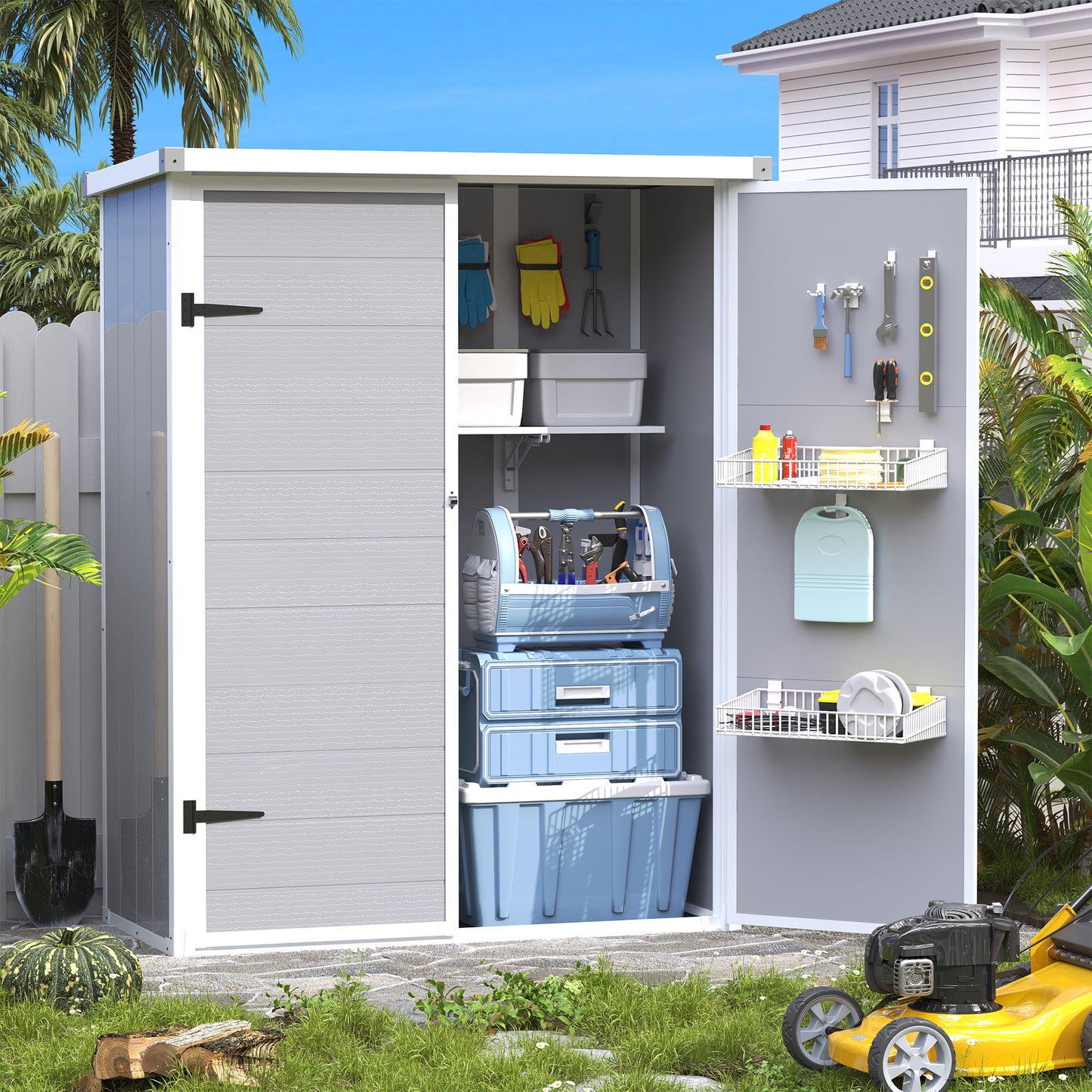 Amopatio 47 Cu Ft Vertical Storage Shed with Shelves, Outdoor Resin Shed with Floor, Waterproof Weather Resistance Plastic Cabinet, Lockable Doors for Patio, Garden Tools, Lawn, Grey & White
