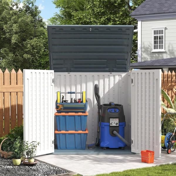 Amopatio Premium Resin 35 Cu Ft Outdoor Storage Shed, Horizontal Resin Trash Can Storage, Weather Resistance Outdoor Cabinet W/Lock Shed for Garbage Cans, Garden Tools, Lawn Mowers,Patio,White