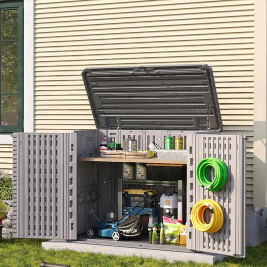 Amopatio 37 Cu Ft Premium Vertical Storage Shed, Outdoor Resin Shed with Floor, Waterproof Weather Resistance Plastic Cabinet, Lockable Doors for Patio, Garden Tools, Lawn, Dark Grey